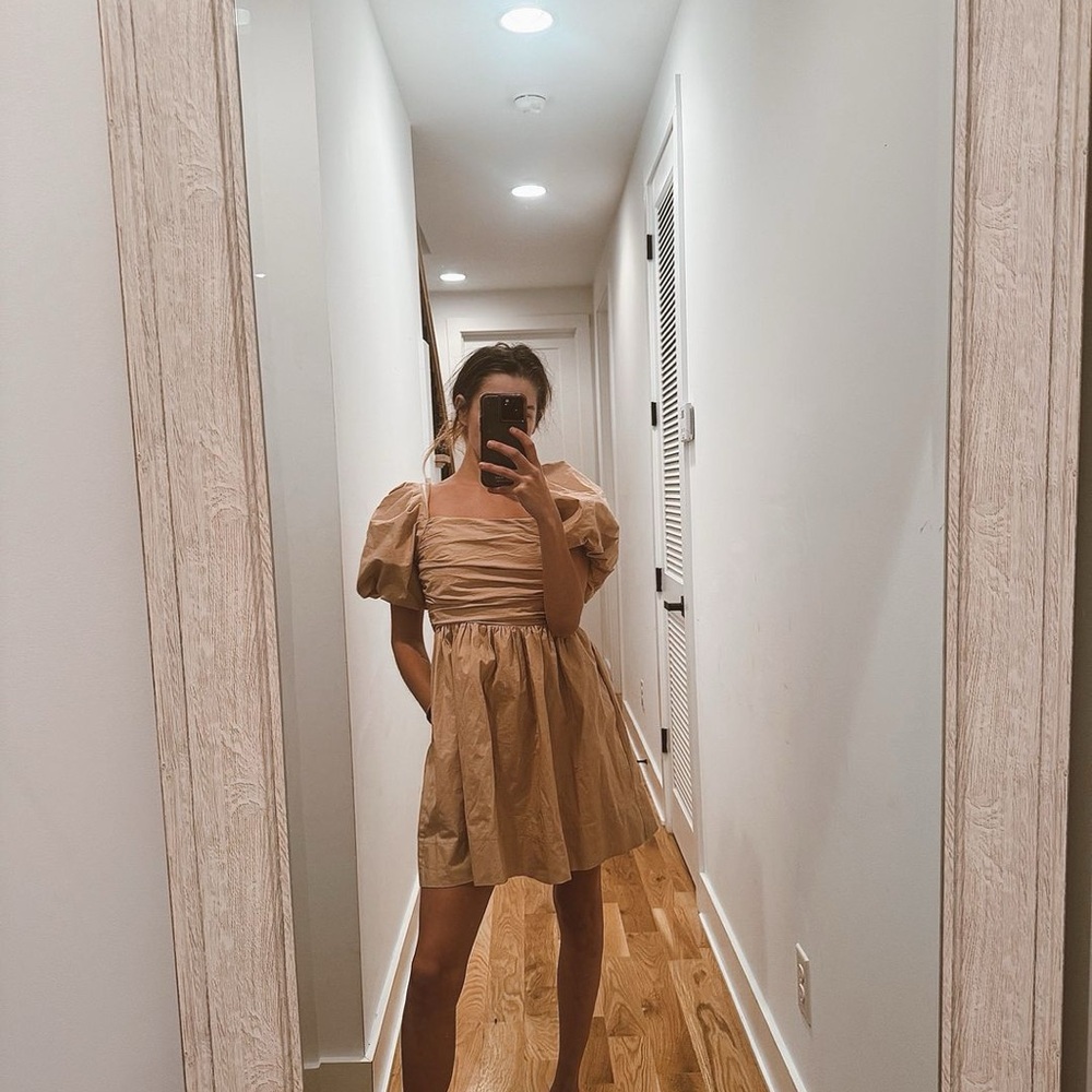 Tan Puff Sleeve Mini Sundress with Tie Front